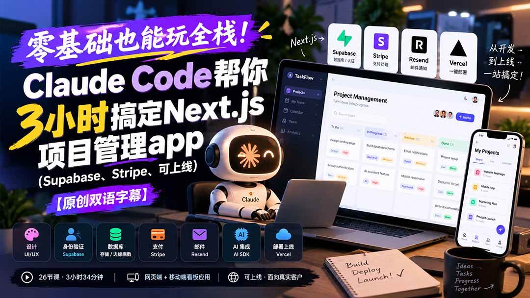 （20907期）零基础也能玩全栈！Claude Code帮你3小时搞定Next.js项目管理app（Supabase、Stripe、可上线）【原创双语字幕】