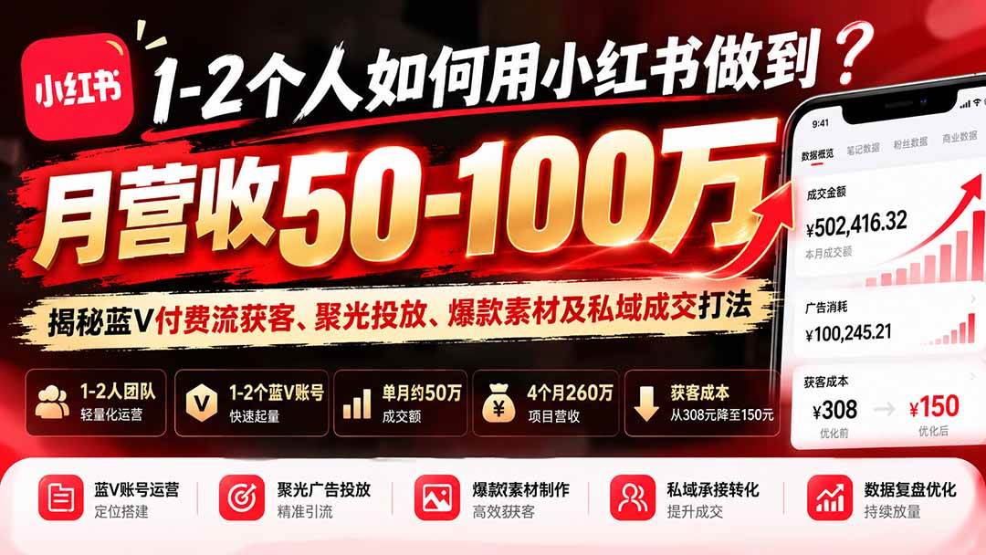 （20939期）1-2个人如何用小红书做到月营收50-100万？揭秘蓝V付费流获客、聚光投放、爆款素材及私域成交打法-优优云网创-中创网