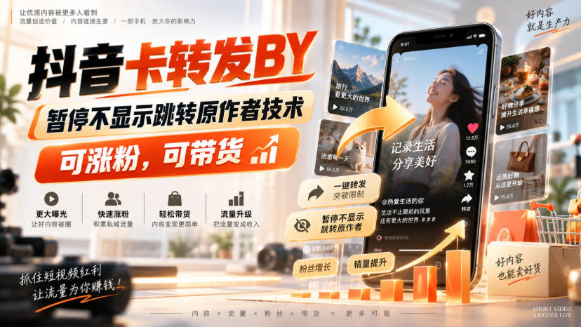 抖音卡转发搬运，暂停不显示跳转原作者技术，可涨粉，可带货-优优云网创-中创网