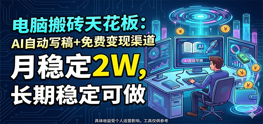 电脑搬砖天花板:AI自动写稿+免费变现渠道,月稳定2W,长期稳定可做-优优云网创
