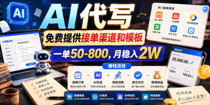 AI代写,免费提供接单渠道和模板,一单50-800,月稳入2W【揭秘】-优优云网创