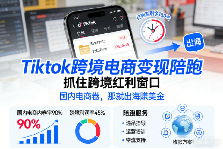 Tiktok跨境电商变现陪跑,抓住跨境红利窗口,国内电商卷,那就出海賺美金-优优云网创