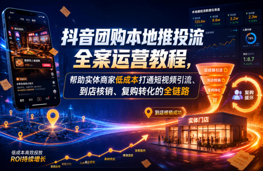 抖音团购本地推投流全案运营教程,帮助实体商家低成本打通短视频引流、到店核销、复购转化的全链路-优优云网创